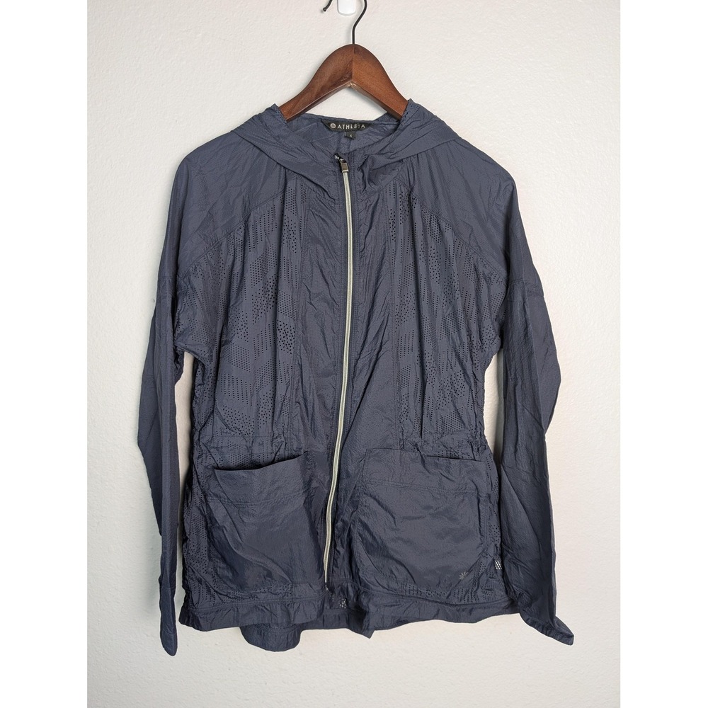 Athleta Jacket Womens Small Gray Perforated Hooded‎ Zip Lightweight Windbreaker